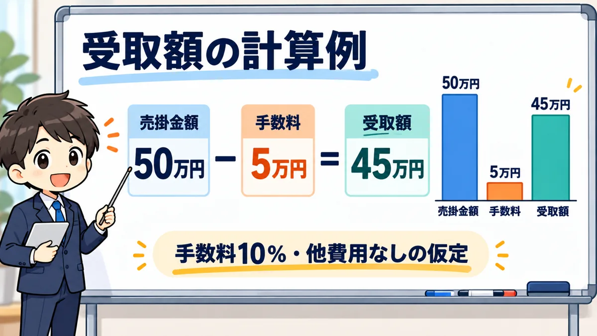 受取額は額面から手数料と諸費用を引いて求めるを説明する漫画図解