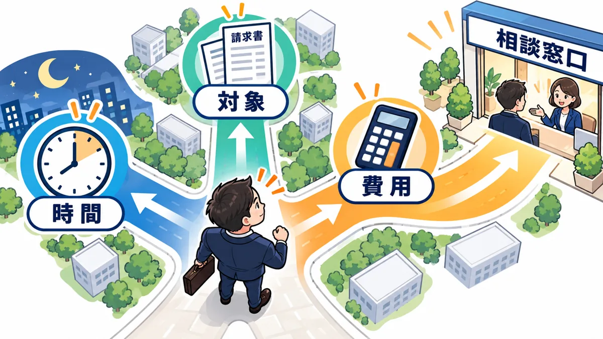 夜間のファクタリングを選ぶときに確認する条件を説明する漫画図解