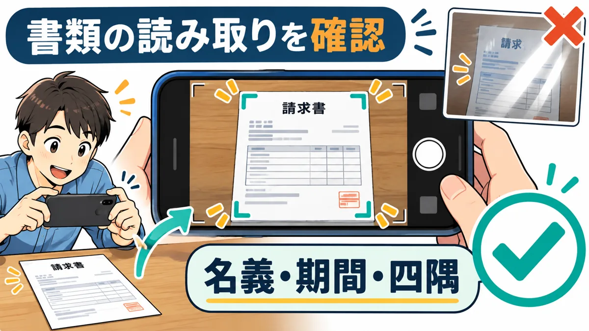 請求書・銀行明細・本人確認資料の内容を揃えるを説明する漫画図解