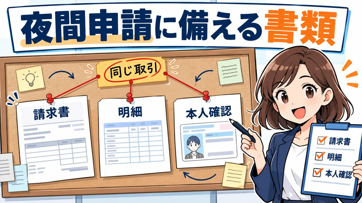 夜間審査をスムーズに進める必要書類と準備を説明する漫画図解
