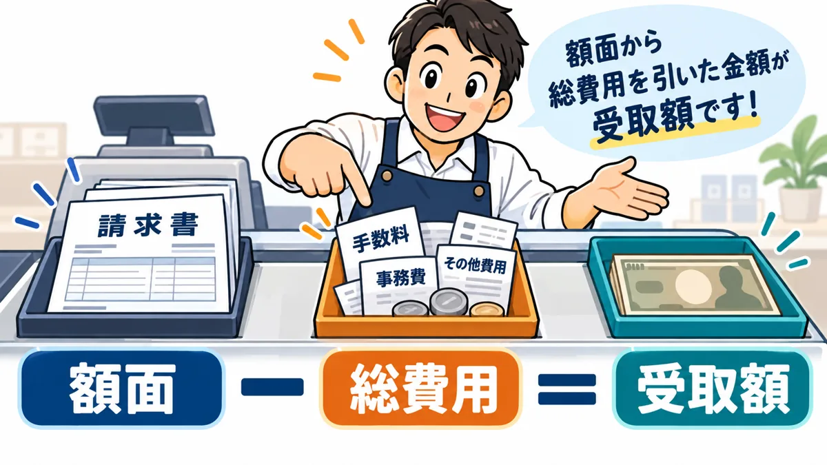 夜間ファクタリングの手数料と受取額を計算するを説明する漫画図解
