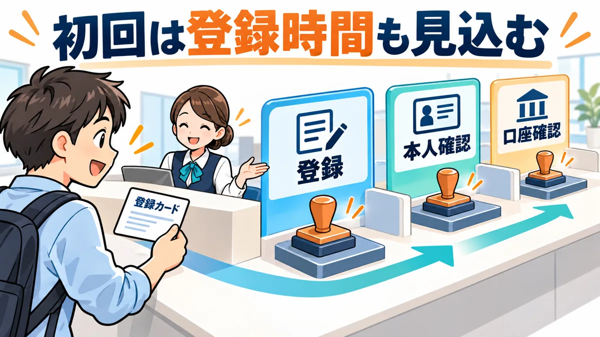 初回は登録・本人確認・口座確認の時間も見込むを説明する漫画図解