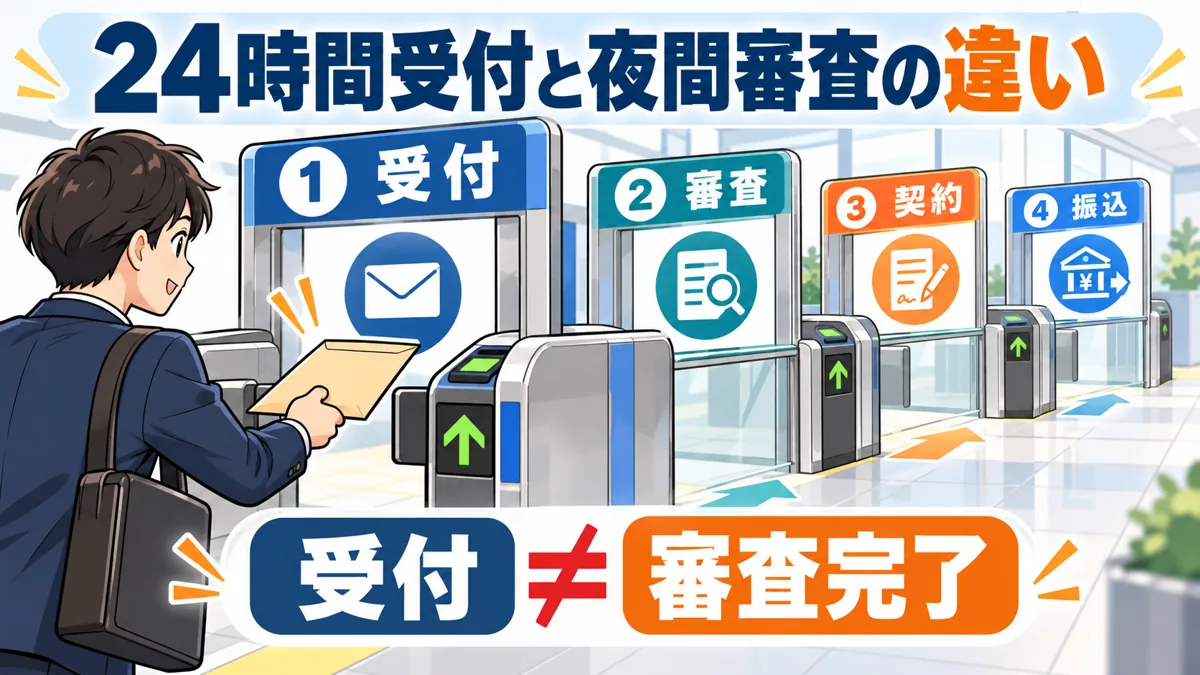 ファクタリングの夜間審査と24時間受付はどう違う？を説明する漫画図解