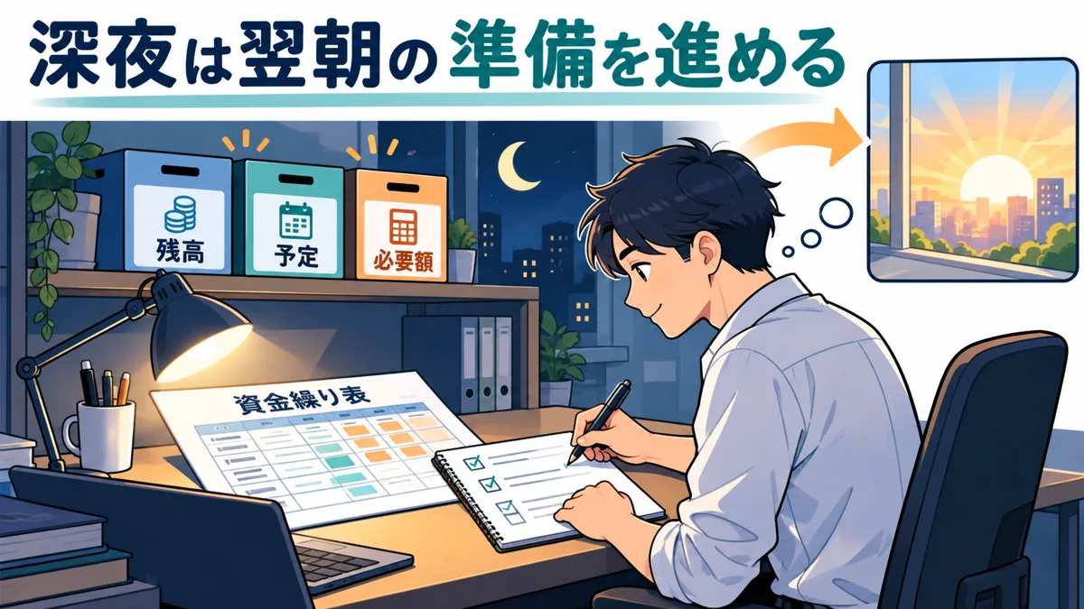 深夜は翌朝の開始時点で不足がない状態を作るを説明する漫画図解