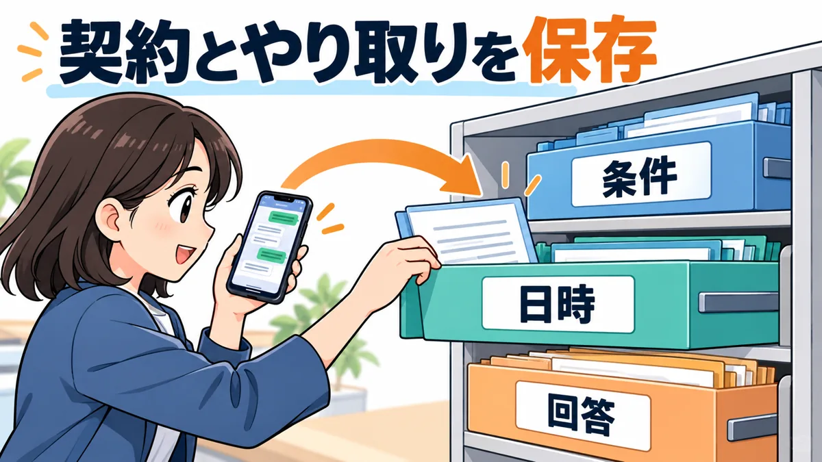 契約条件とやり取りを残し不明点をその場で解決するを説明する漫画図解