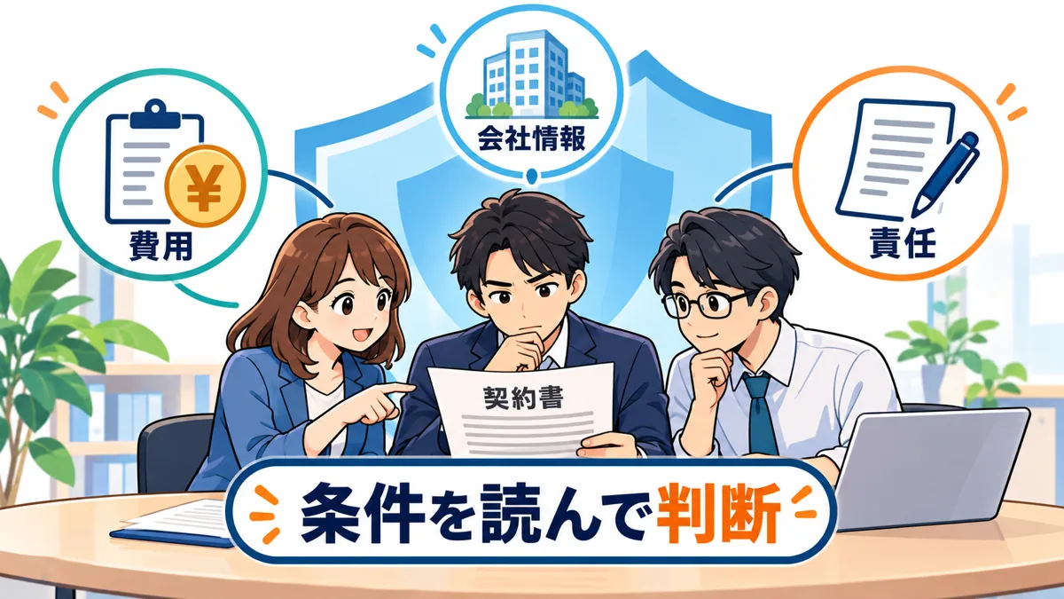 夜間のファクタリングで避けたい契約と確認事項を説明する漫画図解