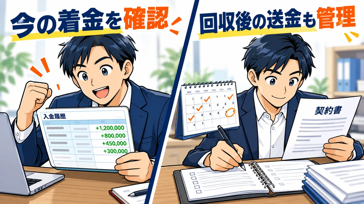 振込通知ではなく実際の着金を確認し精算を管理するを説明する漫画図解