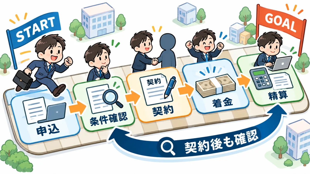 夜間に申し込んでから入金・精算までの流れを説明する漫画図解