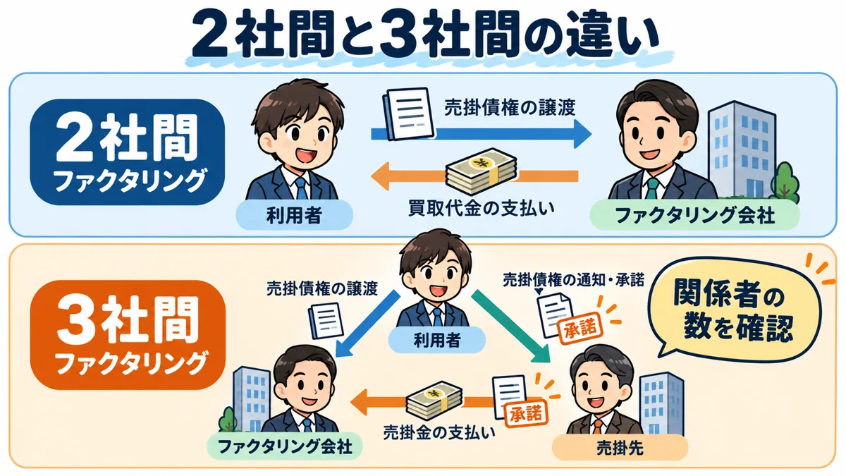 急ぐ場面でも2社間と3社間の契約を理解して選ぶを説明する漫画図解